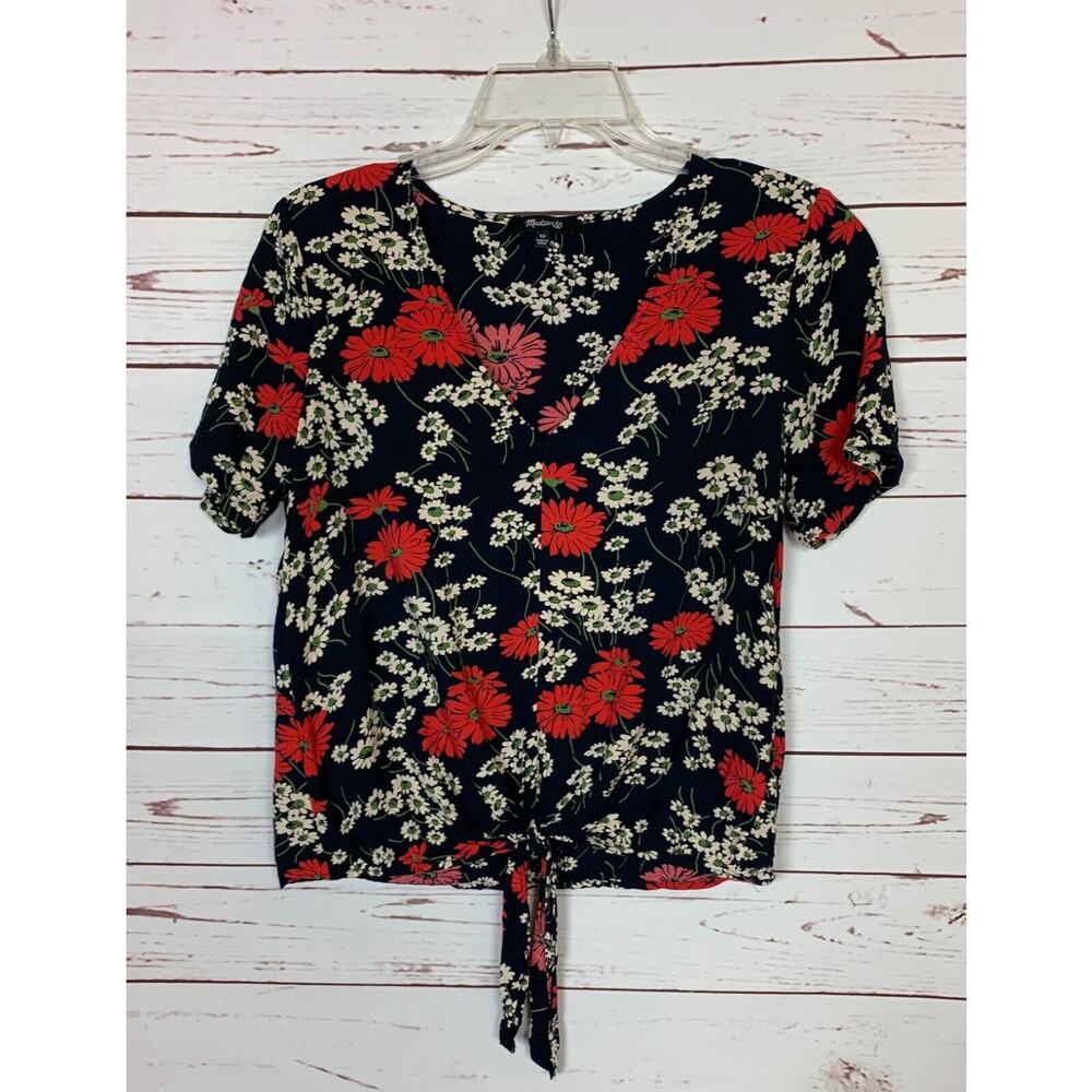 Madewell Women's XS Extra Small Navy Blue Red Floral Short Sleeve Top Blouse
